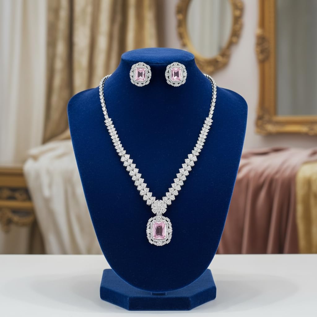 1403-Pretty Precious AD Necklace Set for Women | Rhodium Plated American Diamond Necklace & Earrings Set | Party, Wedding & Festive Jewellery-Pink Colour