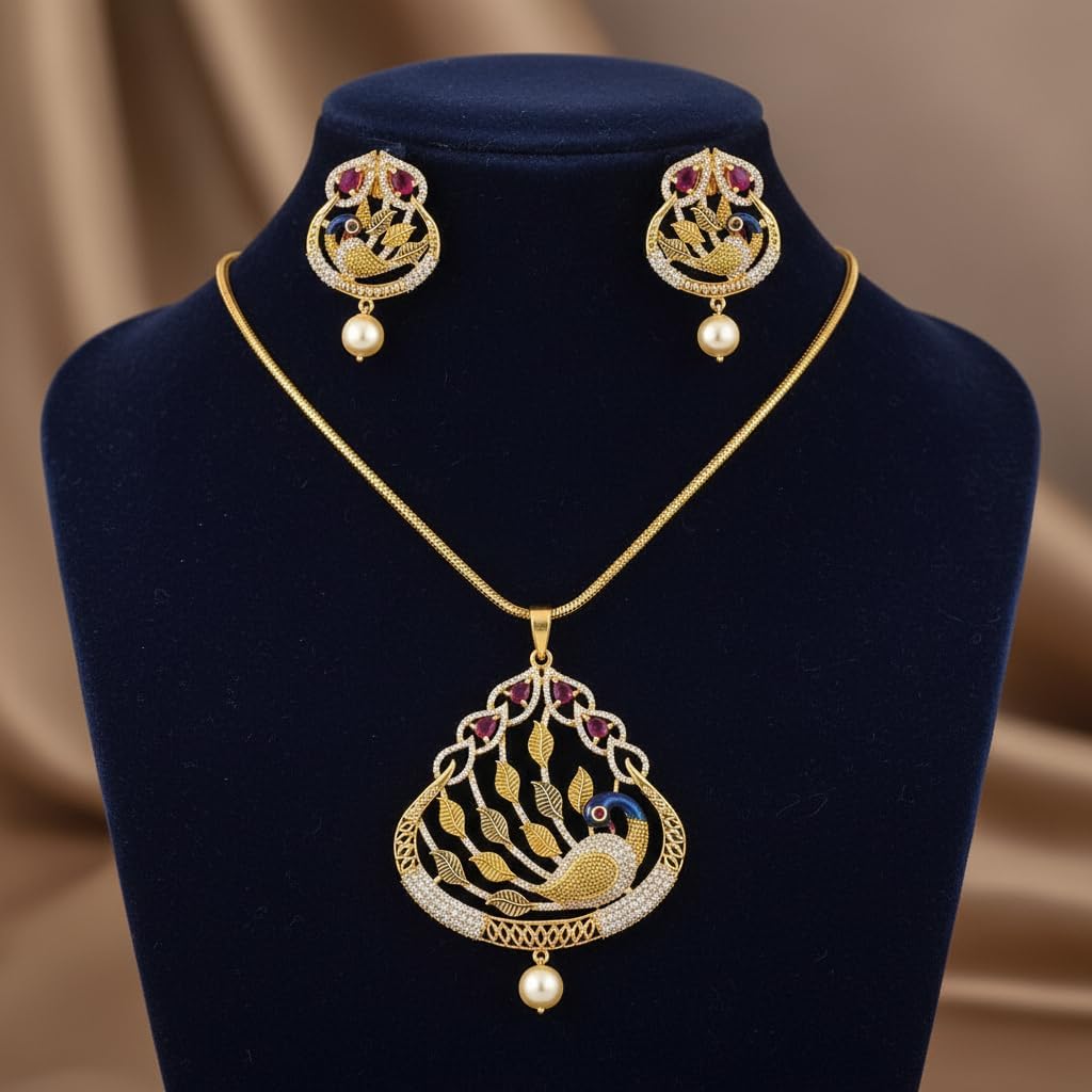 1391-Pretty Precious AD Two Tone Pendant Set for Women | American Diamond Pendant with Earrings & Chain | Elegant Party, Wedding & Daily Wear Jewellery-Ruby