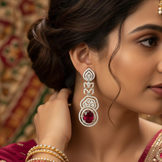 1374-Pretty Precious Earrings, AD Stones, Rhodium Plated, Dangle Design, Cubic Zirconia, Silver, Party Wear-Ruby