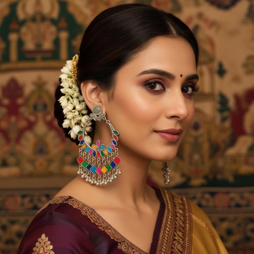 1526-Pretty Precious Oxidised Silver Stylish Party Wear Earrings for Women and Girls-Multicolour