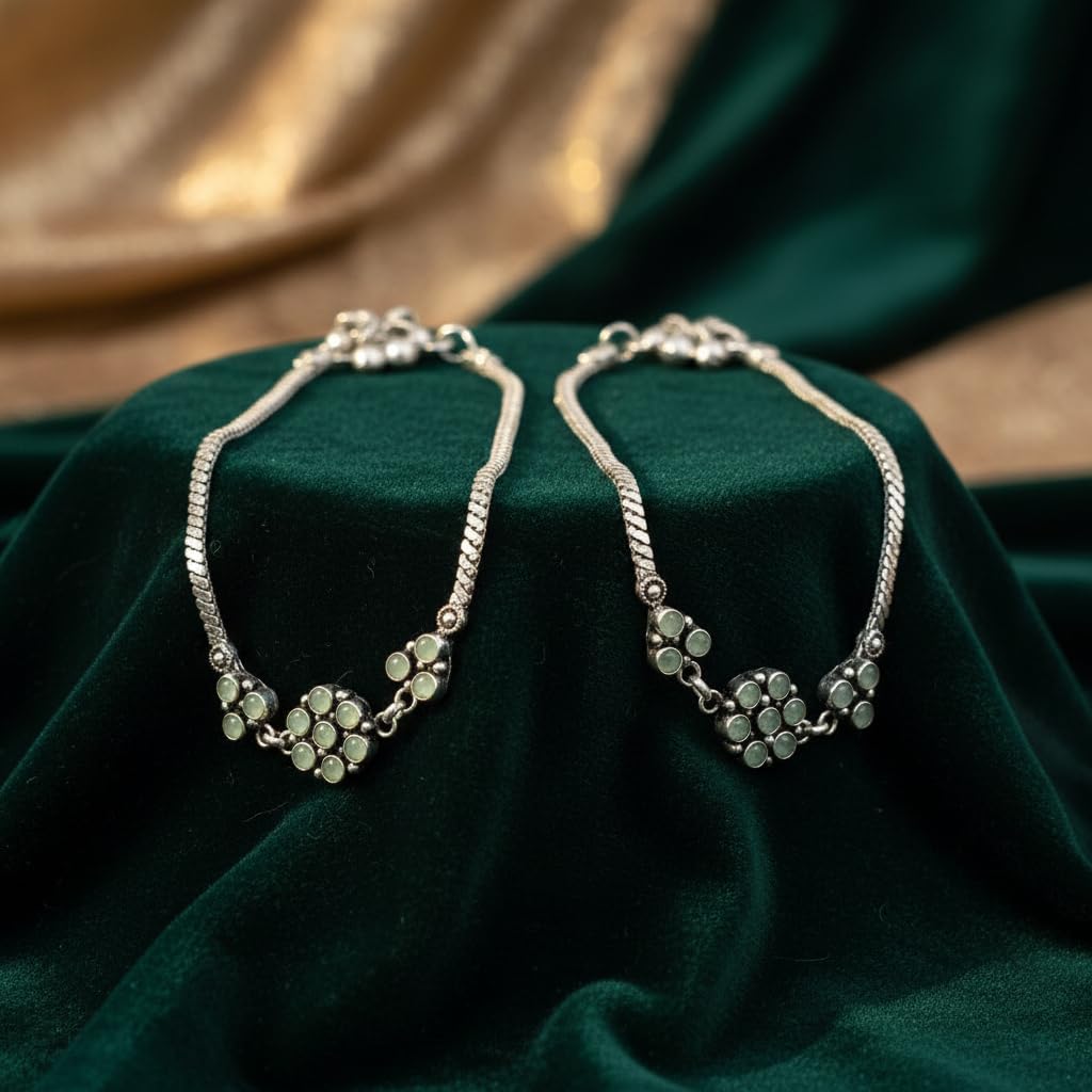 1516-Pretty Precious Oxidised Silver Anklet with Stone Embellishments, Twisted Chain Design, Decorative Clasp-Aqua Colour