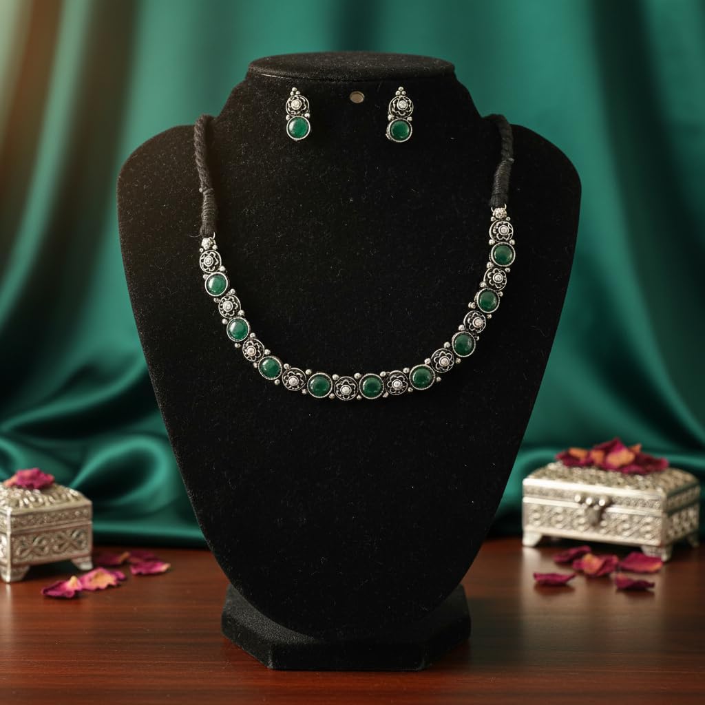 806173-Pretty Precious Latest Stylish Traditional Oxidised Silver Necklace Jewellery Set for Women | Antique Finish Ethnic Necklace with Matching Earrings | Festive & Party Wear-Green Colour