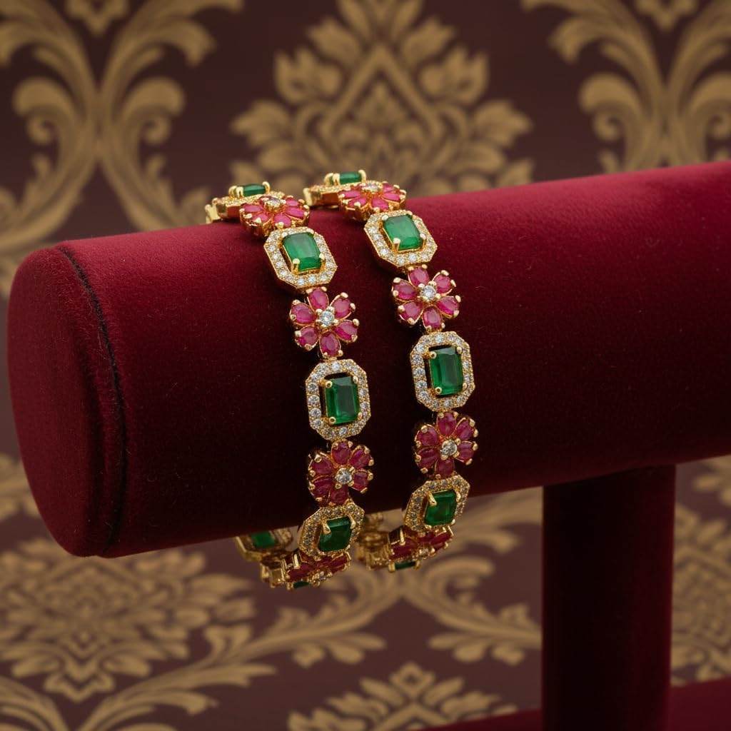 1490-Pretty Precious Gold Plated Cubic Zirconia/American Diamond Traditional Bangles/Bracelet Set of 2 for Women and Girls- Ruby Green (Size 2.6)