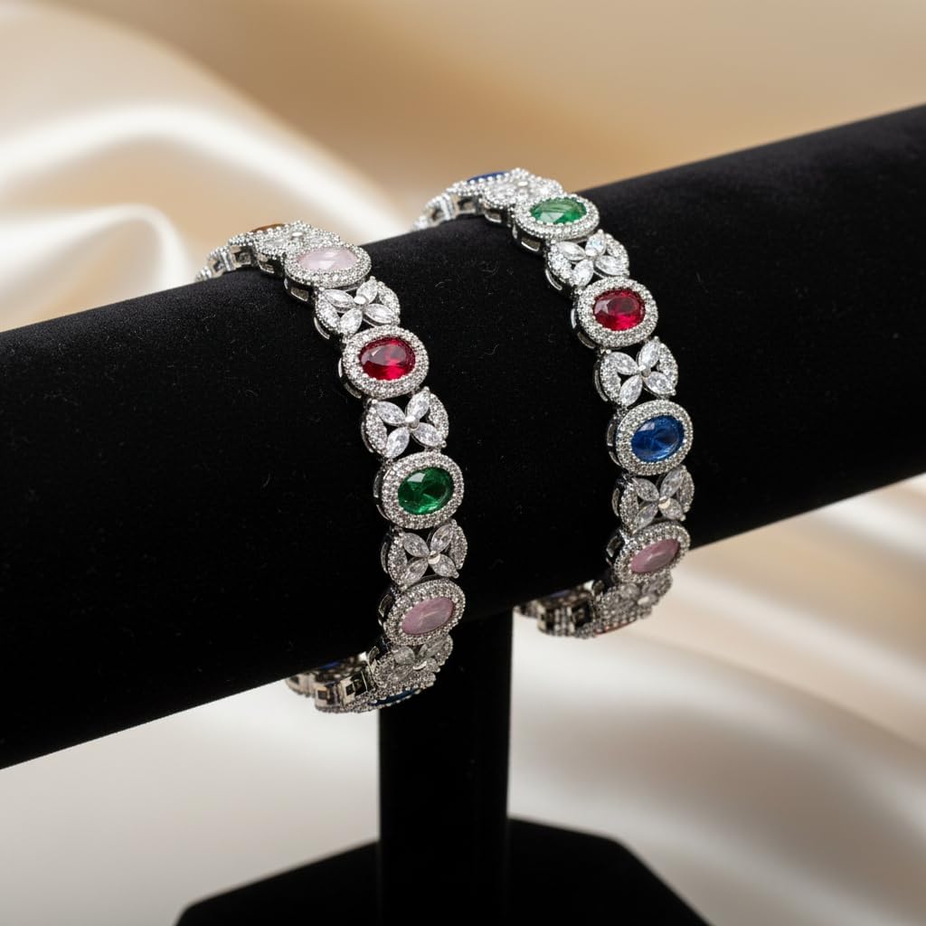 1468-Pretty Precious Rodhium-Plated Cubic Zirconia/American Diamond Traditional Bangles/Bracelet Set of 2 for Women and Girls -Multicolour (Size 2.8)