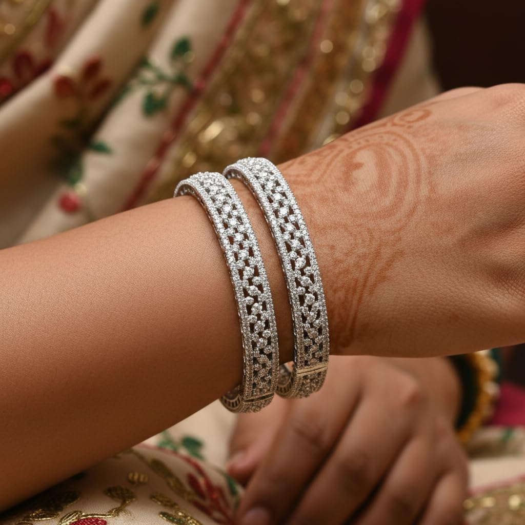 1464-Pretty Precious Rodhium-Plated Cubic Zirconia/American Diamond Traditional Bangles/Bracelet Set of 2 for Women and Girls -White (Size 2.6)-Openable
