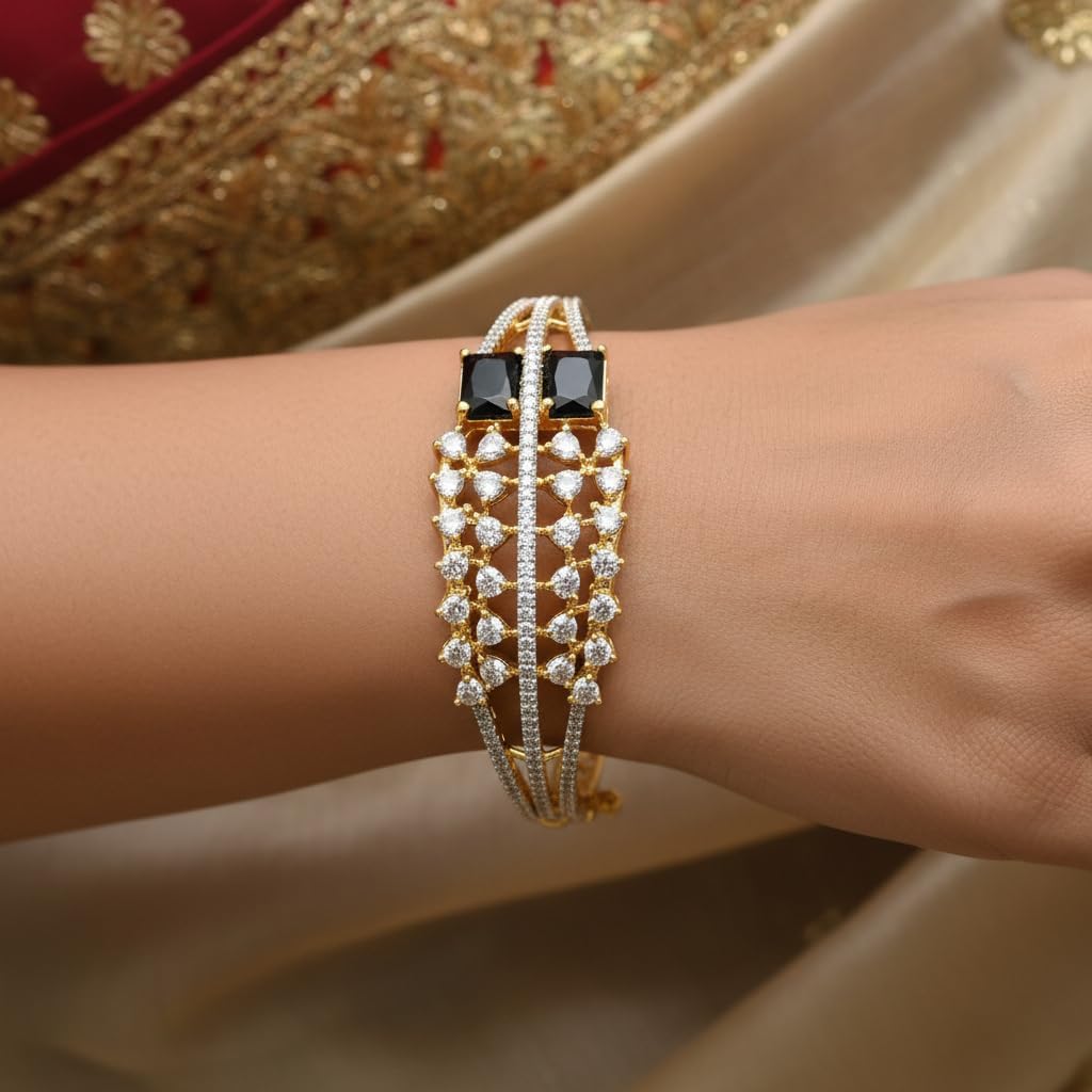 1419-Pretty Precious American Diamond Openable Kada Bracelet for Women, Gold & Silver Plating, Cubic Zirconia, One Size, Party & Wedding-Black
