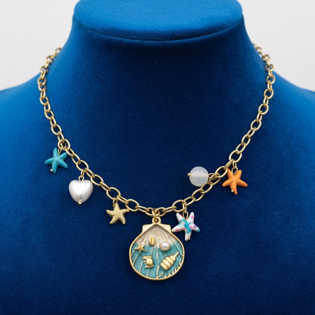 1370-Pretty Precious Premium Jewellery Mala Necklace, Stainless Steel, Gold Chain, Ocean Theme with Starfish and Shell Charms,-Design-3