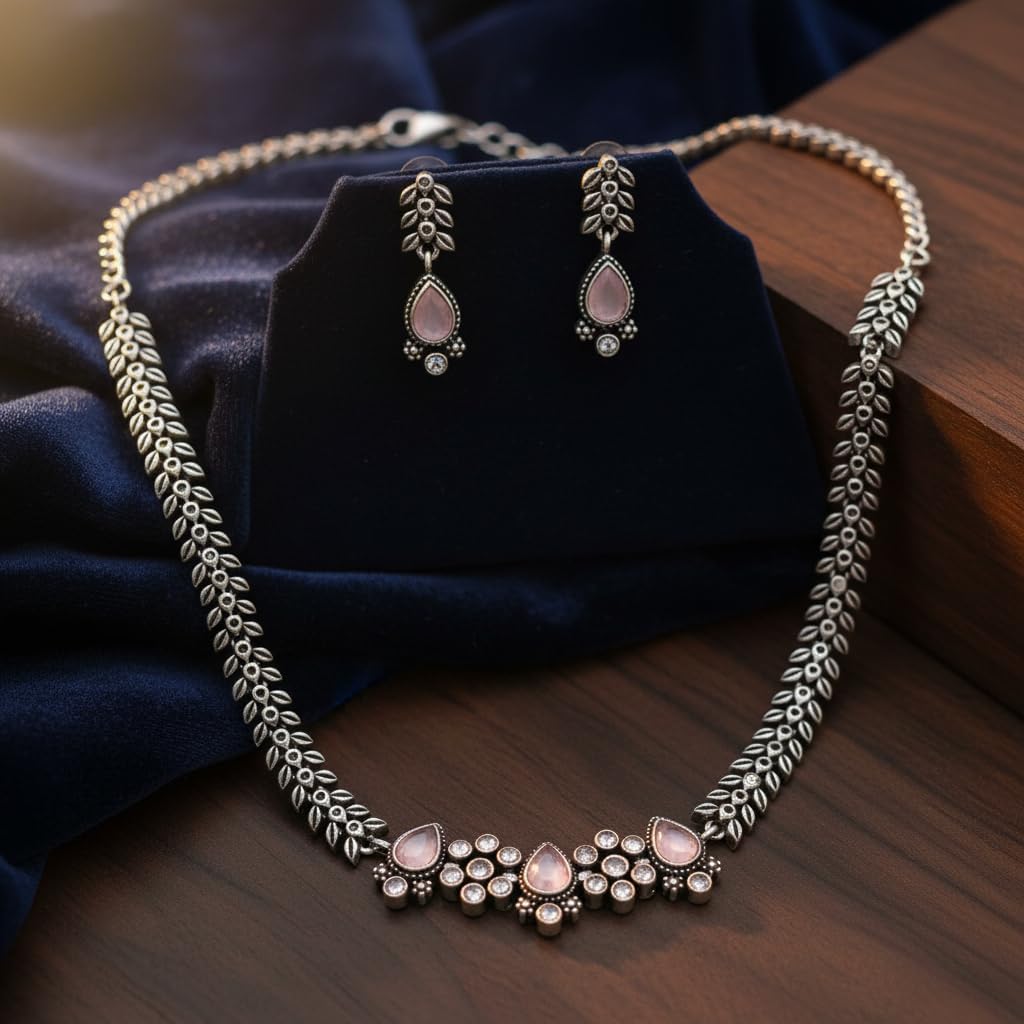 1549-Pretty Precious Latest Stylish Traditional Oxidised Silver Necklace Jewellery Set for Women | Antique Finish Ethnic Necklace with Matching Earrings | Festive & Party Wear-Pink Colour