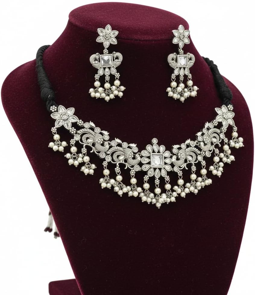1555-Pretty Precious Latest Stylish Traditional Oxidised Silver Necklace (Choker) Jewellery Set for Women | Antique Finish Ethnic Necklace (Choker) with Earrings | Festive & Party Wear-White Colour