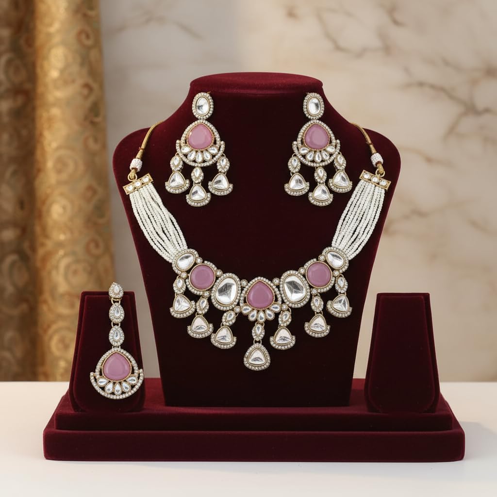 112830-Pretty Precious Kundan Necklace Set with Maang Tikka and Earrings for Women & Girls | Gold Plated Traditional Bridal Jewellery Set | Wedding, Festive & Party Wear-Pink