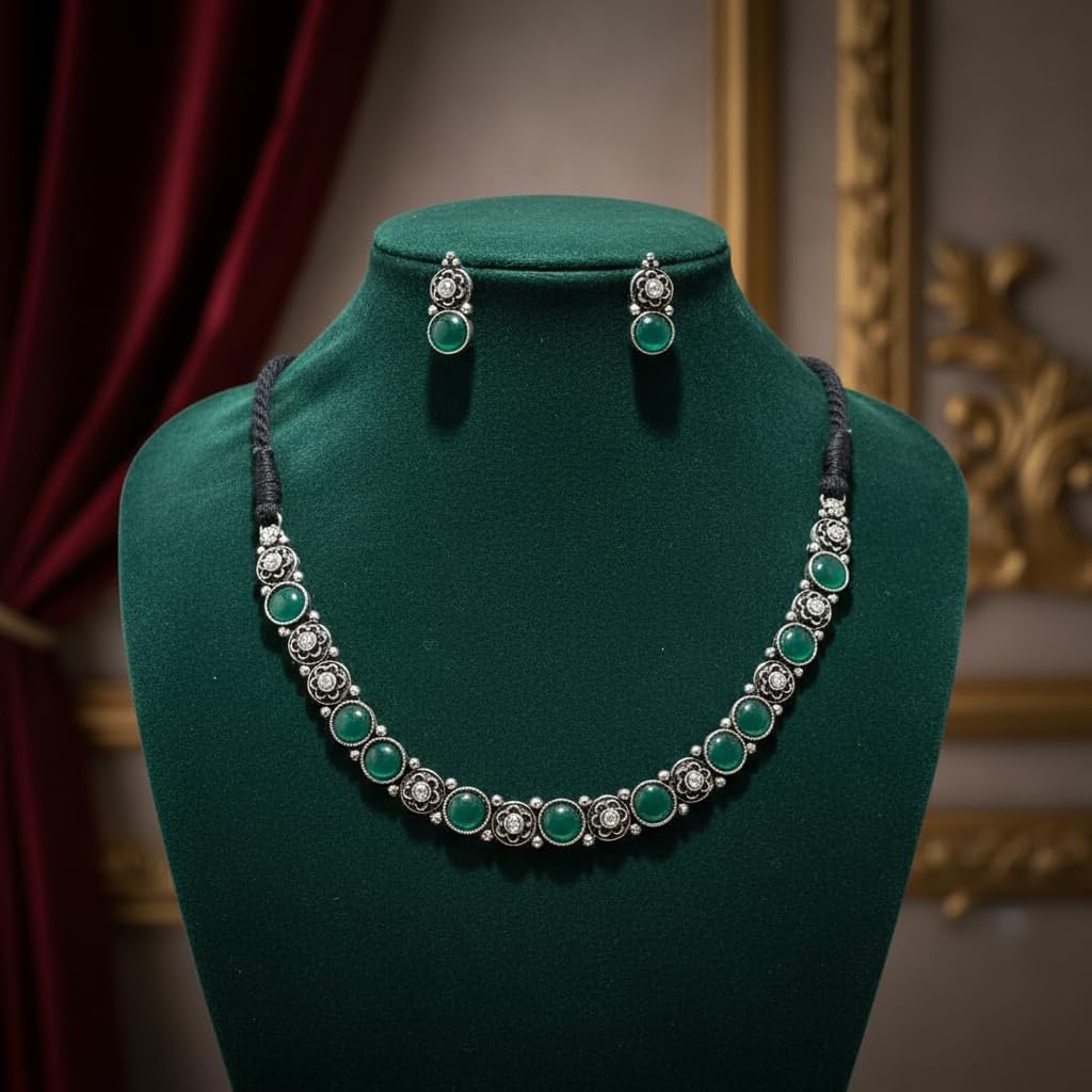 806173-Pretty Precious Latest Stylish Traditional Oxidised Silver Necklace Jewellery Set for Women | Antique Finish Ethnic Necklace with Matching Earrings | Festive & Party Wear-Green Colour