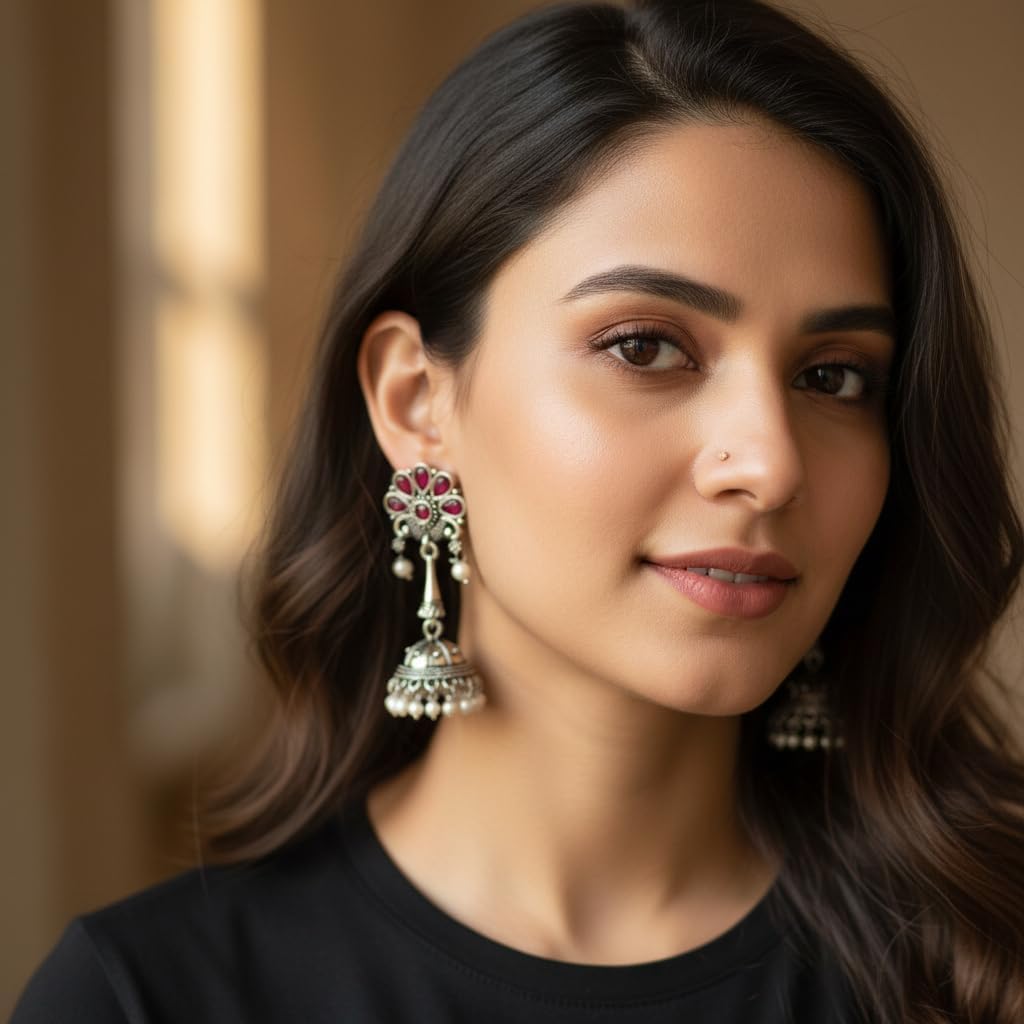 1350-Pretty Precious Oxidised Silver Stylish Party Wear Earrings for Women and Girls-Ruby