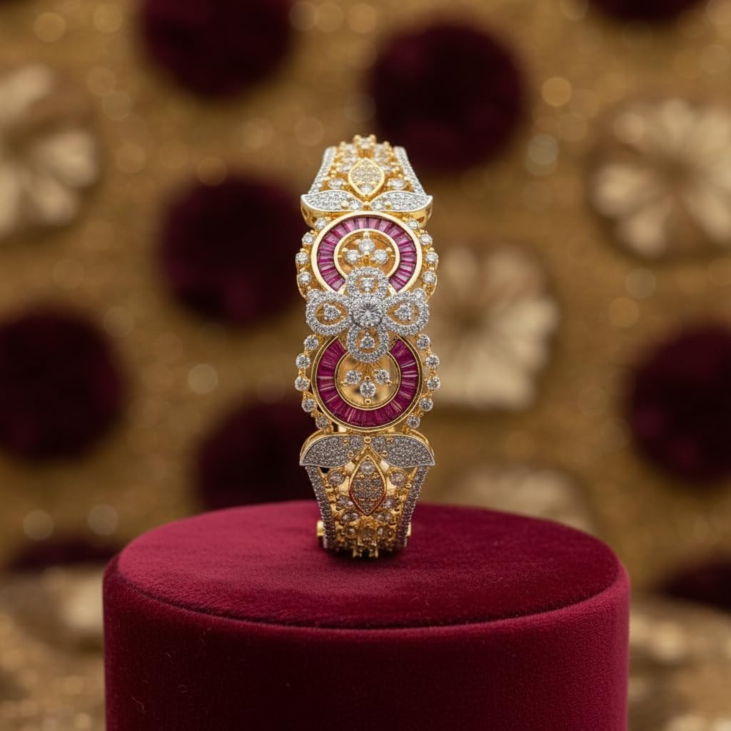 1432-Pretty Precious American Diamond Openable Kada Bracelet for Women, Gold & Silver Plating, Cubic Zirconia, One Size, Party & Wedding-Ruby