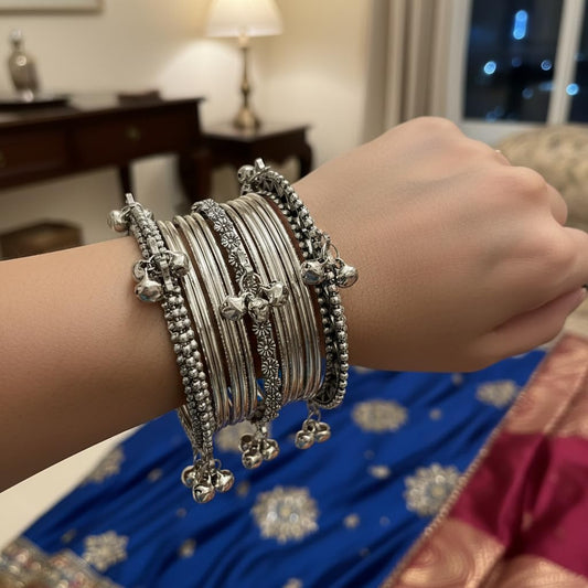810549- Pretty Precious Silver Bangle Set, Metal Bangles with Ghungroo Bells, Oxidized Finish, Traditional Indian Jewelry, Multiple Piece Set-Size 2.6