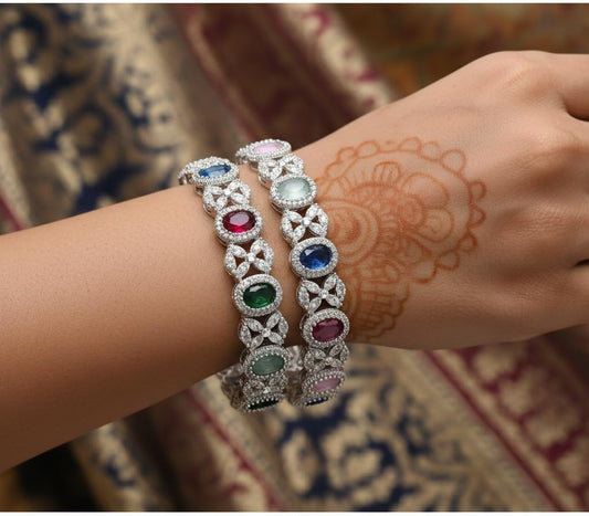 1468-Pretty Precious Rodhium-Plated Cubic Zirconia/American Diamond Traditional Bangles/Bracelet Set of 2 for Women and Girls -Multicolour (Size 2.8)