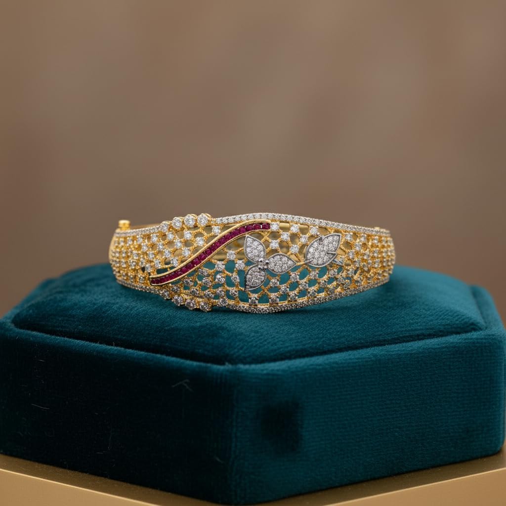 1417-Pretty Precious American Diamond Openable Kada Bracelet for Women, Gold & Silver Plating, Cubic Zirconia, One Size, Party & Wedding-Ruby