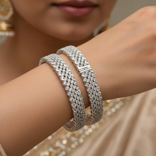 1460-Pretty Precious Rodhium-Plated Cubic Zirconia/American Diamond Traditional Bangles/Bracelet Set of 2 for Women and Girls -White (Size 2.4)