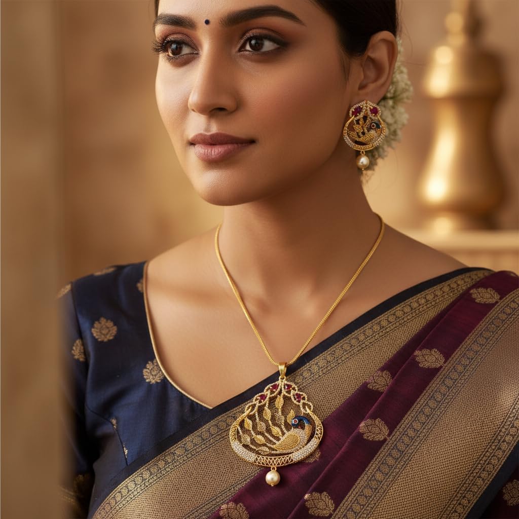 1391-Pretty Precious AD Two Tone Pendant Set for Women | American Diamond Pendant with Earrings & Chain | Elegant Party, Wedding & Daily Wear Jewellery-Ruby