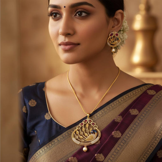 1391-Pretty Precious AD Two Tone Pendant Set for Women | American Diamond Pendant with Earrings & Chain | Elegant Party, Wedding & Daily Wear Jewellery-Ruby