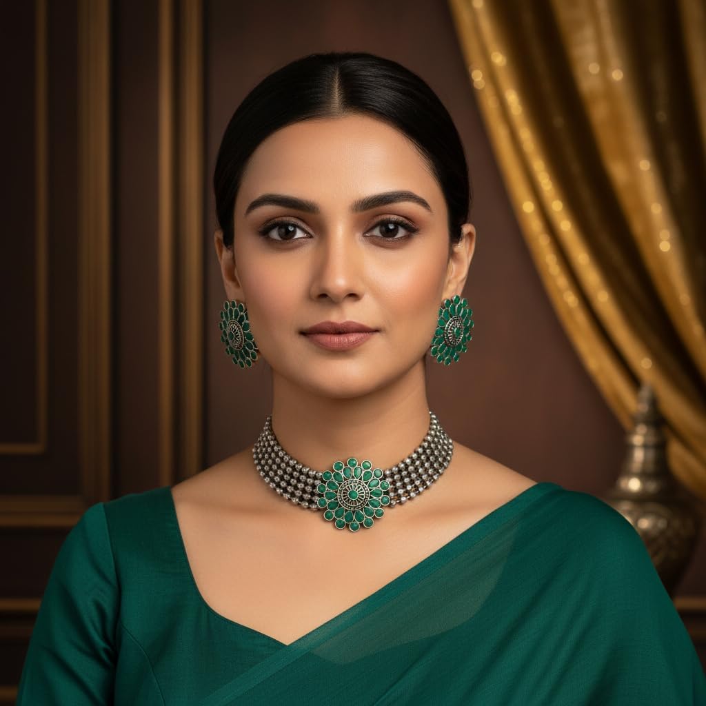1552-Pretty Precious Latest Stylish Traditional Oxidised Silver Necklace (Choker) Jewellery Set for Women | Antique Finish Ethnic Necklace (Choker) with Matching Earrings | Festive & Party Wear-Green