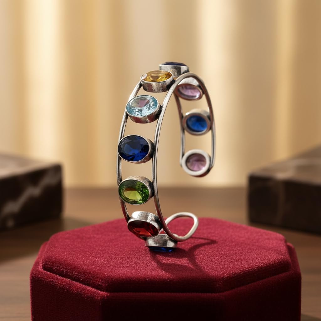 1505-Pretty Precious Multicolour Gemstone Cuff Bracelet, Silver Metal, Open Design, Oval Stones, Adjustable