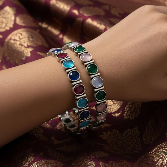 1507-Pretty Precious Bezel Set Bangles with Multicolour Stones, Silver Tone Metal, Pair of 2, Alternating Pattern Design-Size 2.6