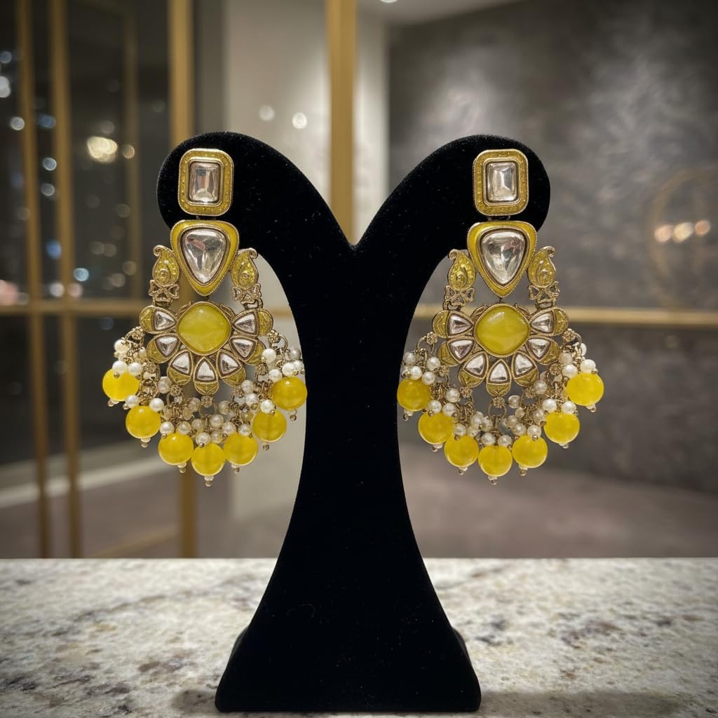 112519-Pretty Precious Traditional Kundan Earring Stylish Party Wear Earrings for Women and Girls-Mehndi Plating-Yellow
