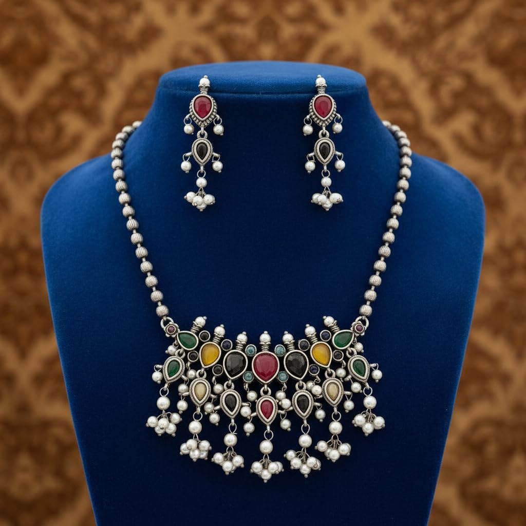 1544-Pretty Precious Latest Stylish Traditional Oxidised Silver Necklace Jewellery Set for Women | Antique Finish Ethnic Necklace with Matching Earrings | Festive & Party Wear-Multi Colour
