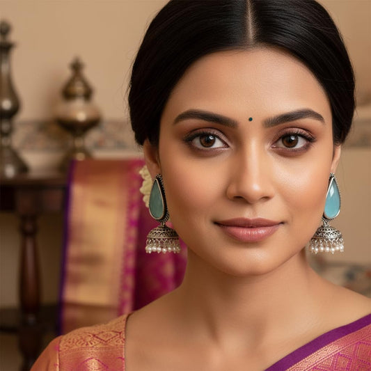 1532-Pretty Precious Oxidised Silver Stylish Party Wear Earrings for Women and Girls-Aqua & Green