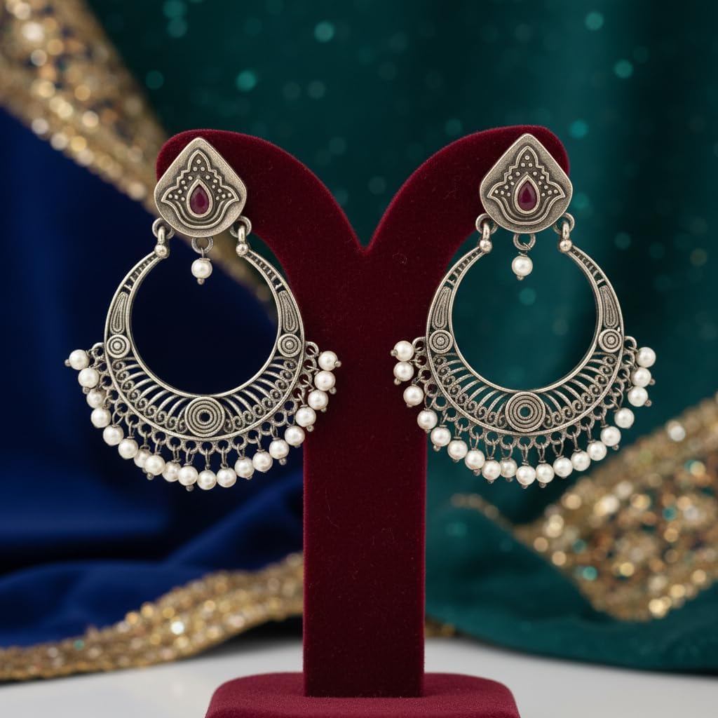 1530-Pretty Precious Oxidised Silver Stylish Party Wear Earrings for Women and Girls-Ruby