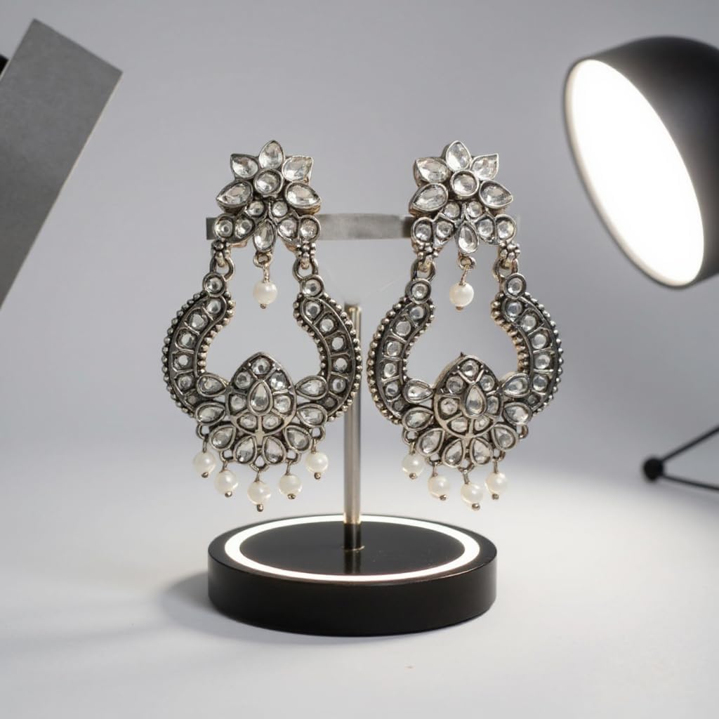 1346-Pretty Precious Oxidised Silver Stylish Party Wear Earrings for Women and Girls-Transparent with Pearl