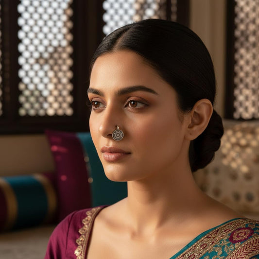 1543-Pretty Precious Oxidised Nose Ring for Women & Girls | Traditional Antique Silver Tone Nose Pin | Ethnic Indian Jewellery | Lightweight & Comfortable | Festive & Daily Wear