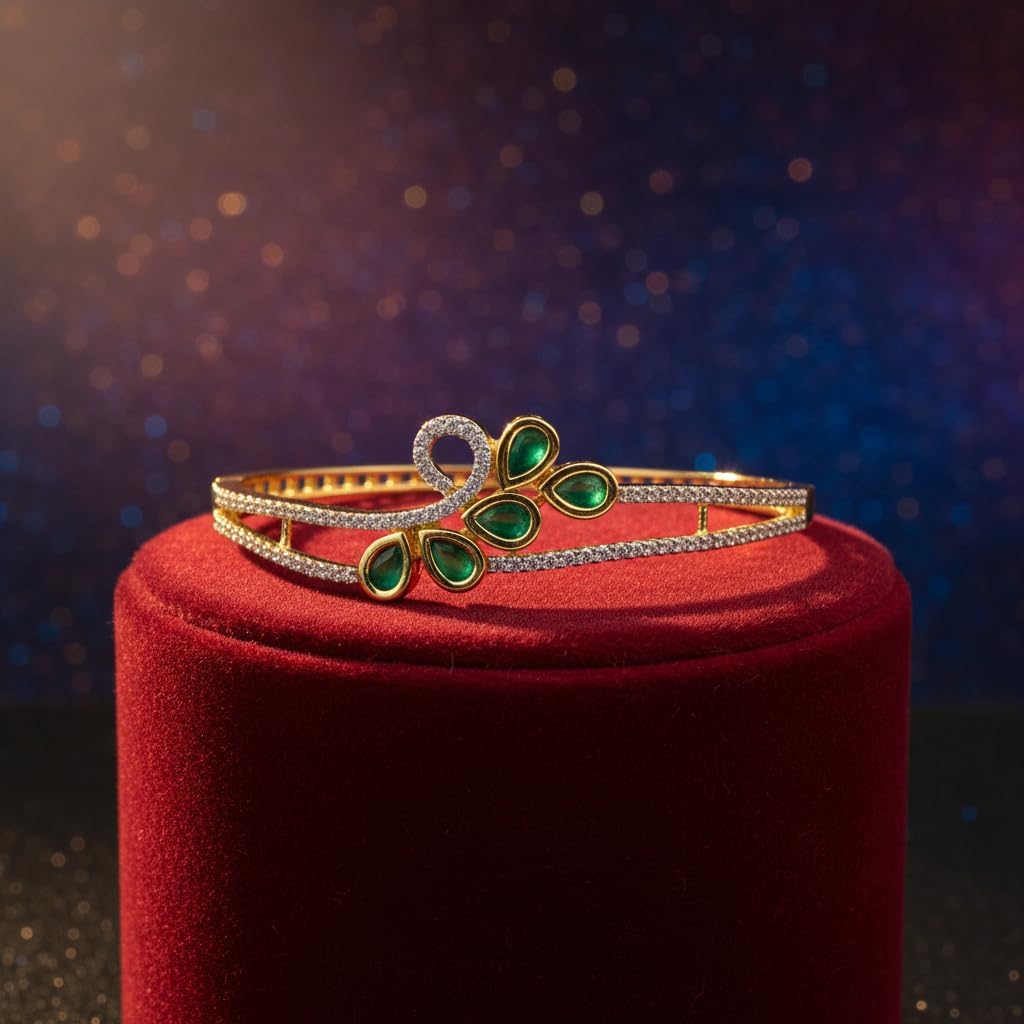 1410-Pretty Precious American Diamond Openable Kada Bracelet for Women, Gold & Silver Plating, Cubic Zirconia, One Size, Party & Wedding-Green