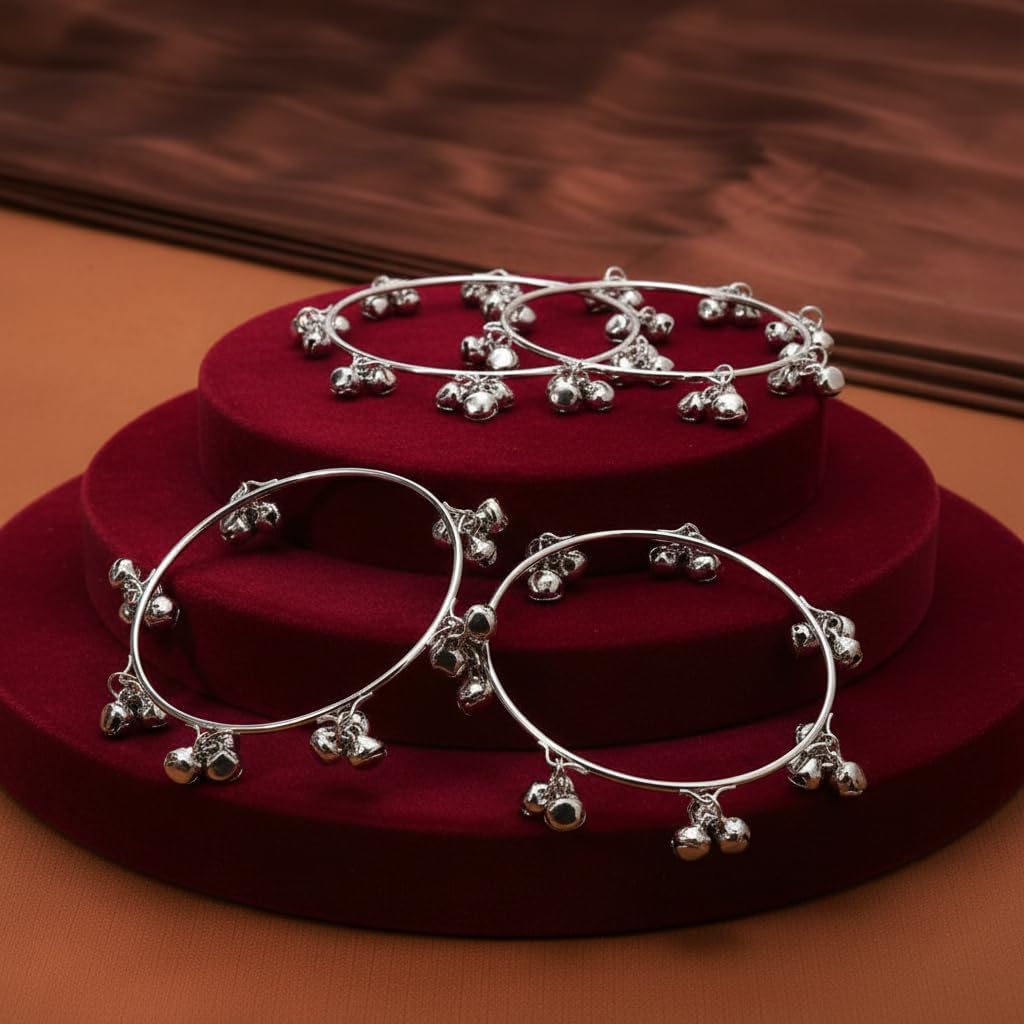 808458-Pretty Precious Oxidised Silver Bangles Set of 4, Traditional Indian Jewelry, Ghungroo Bell Charms, Ethnic Tribal Design, Size 2.4