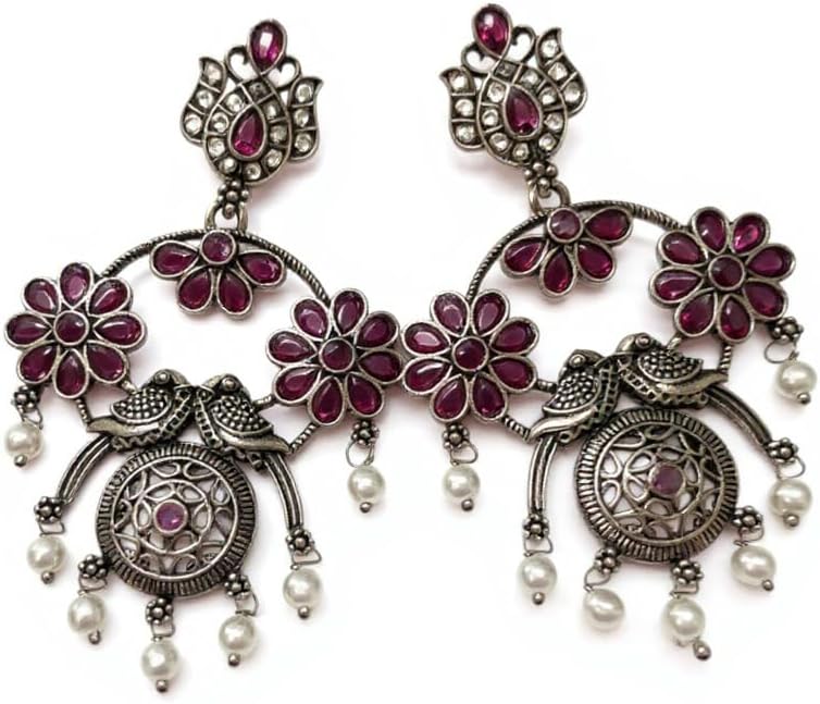 1355-Pretty Precious Oxidised Silver Stylish Party Wear Earrings for Women and Girls-Ruby Colour