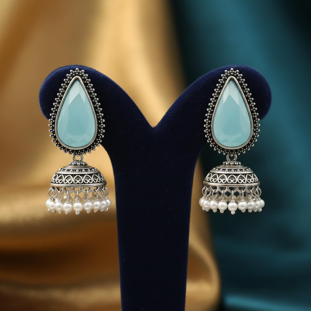 1532-Pretty Precious Oxidised Silver Stylish Party Wear Earrings for Women and Girls-Aqua & Green