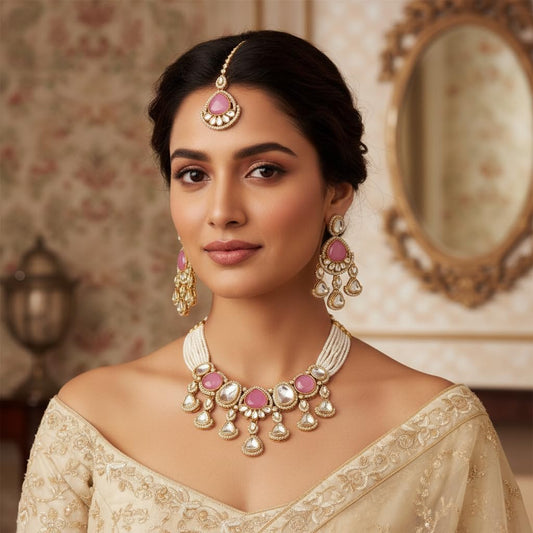 112830-Pretty Precious Kundan Necklace Set with Maang Tikka and Earrings for Women & Girls | Gold Plated Traditional Bridal Jewellery Set | Wedding, Festive & Party Wear-Pink