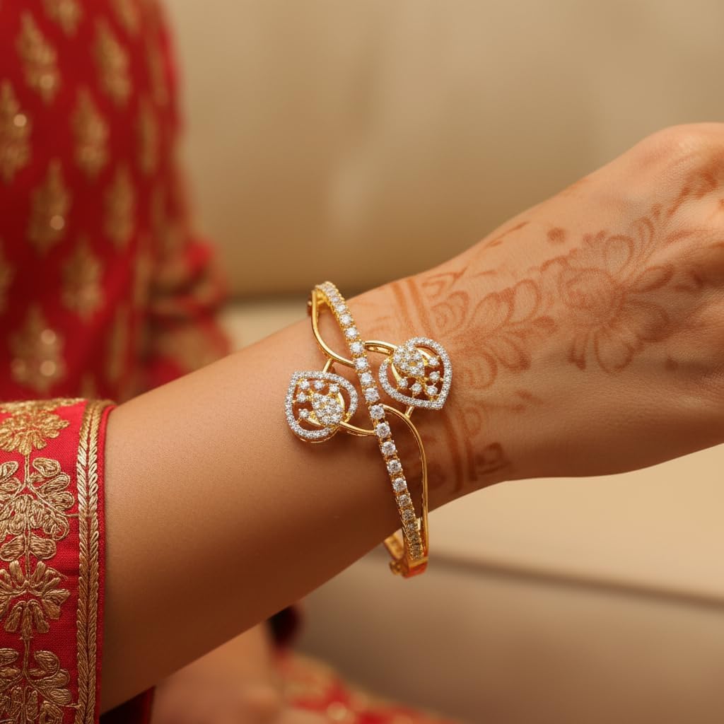 1422-Pretty Precious American Diamond Openable Kada Bracelet for Women, Gold & Silver Plating, Cubic Zirconia, One Size, Party & Wedding-White