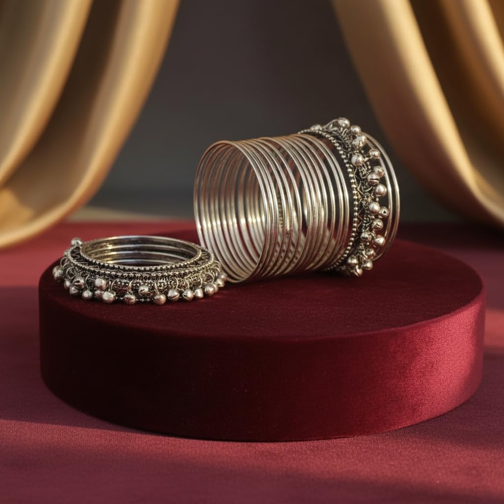 810549- Pretty Precious Silver Bangle Set, Metal Bangles with Ghungroo Bells, Oxidized Finish, Traditional Indian Jewelry, Multiple Piece Set-Size 2.6