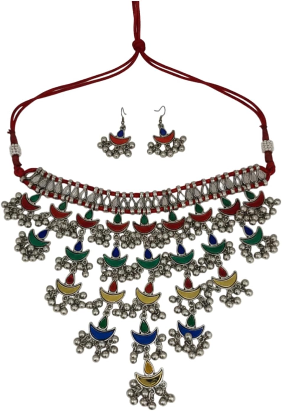 1560-Pretty Precious Latest Stylish Traditional Oxidised Silver Necklace Jewellery Set for Women | Antique Finish Ethnic Necklace with Earrings | Festive & Party Wear-Multi Colour Afghani Style