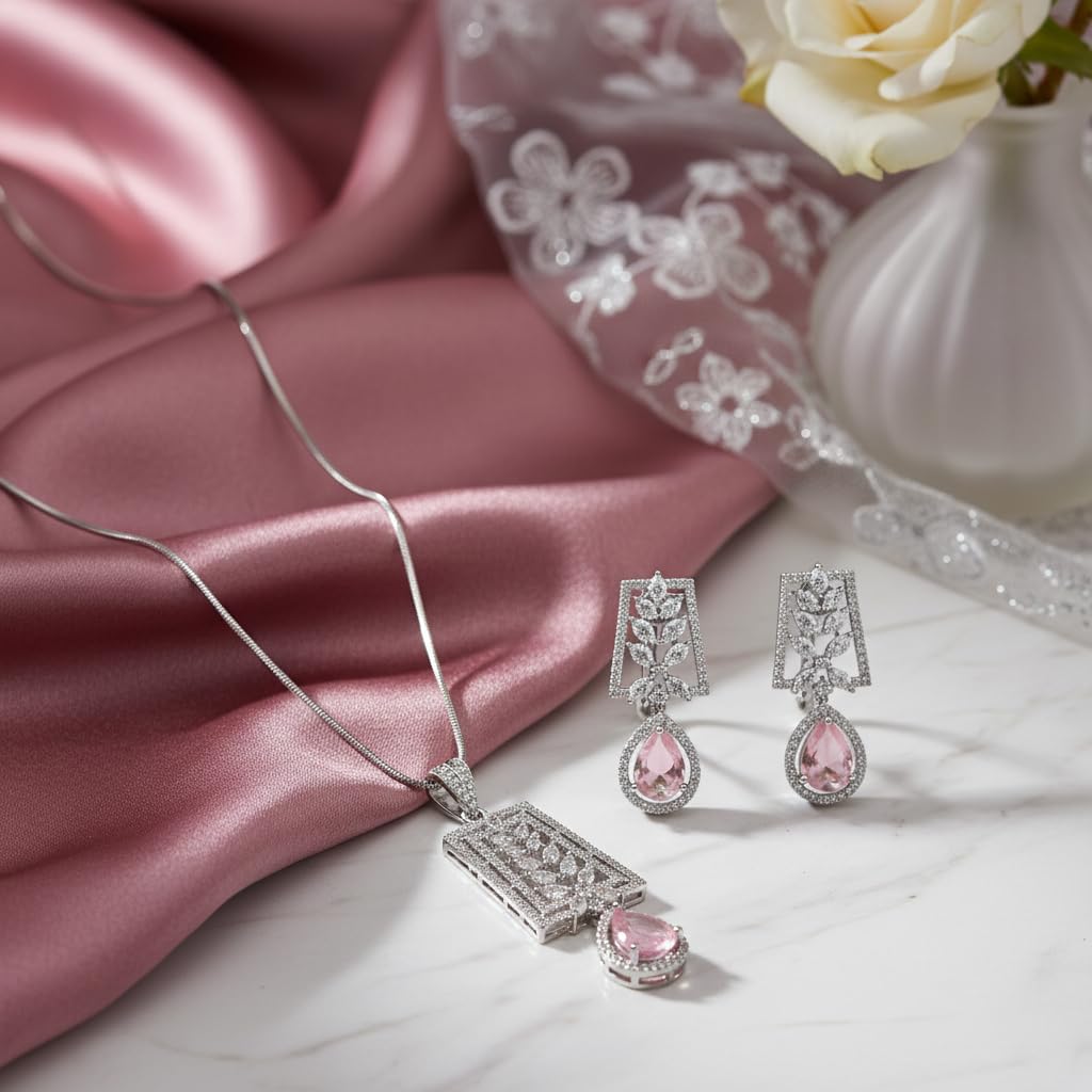 1383-PRETTY PRECIOUS Rodhium-Plated American Diamond Pendant Set with Earrings for Women and Girls, with Chain-Pink