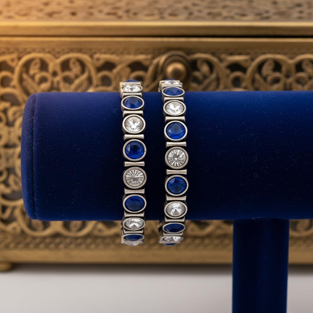 1506-Pretty Precious Bezel Set Bangles with Blue and Clear Stones, Silver Tone Metal, Pair of 2, Alternating Pattern Design-Size 2.6