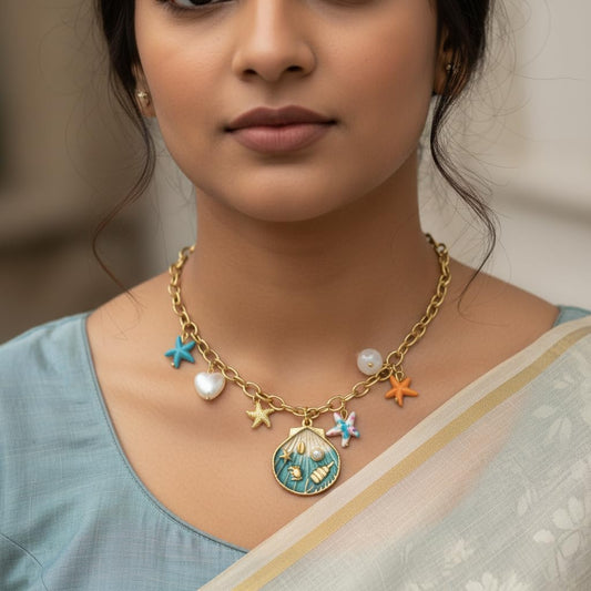 1370-Pretty Precious Premium Jewellery Mala Necklace, Stainless Steel, Gold Chain, Ocean Theme with Starfish and Shell Charms,-Design-3