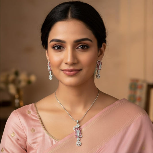 1380-PRETTY PRECIOUS Rodhium-Plated American Diamond Pendant Set with Earrings for Women and Girls, with Chain-Pink