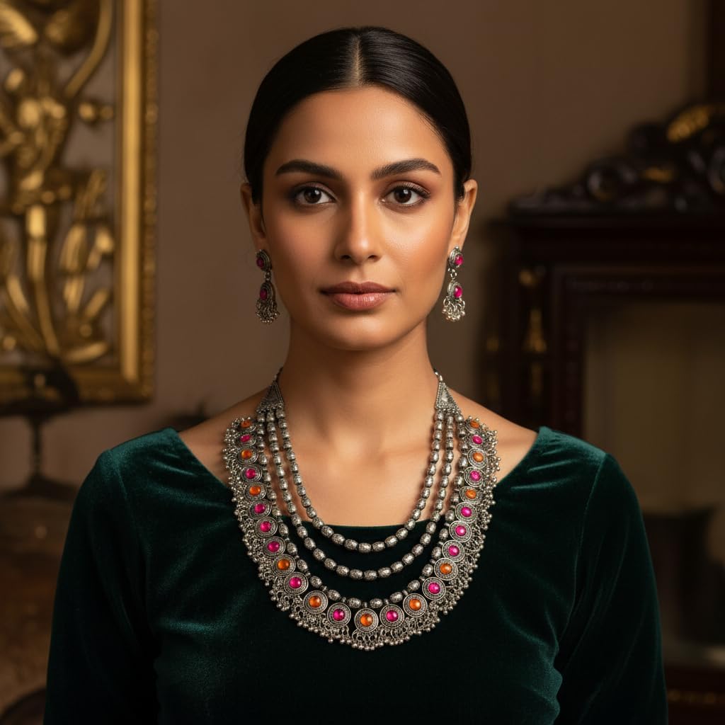 1558-Pretty Precious Latest Stylish Traditional Oxidised Silver Necklace Jewellery Set for Women | Antique Finish Ethnic Necklace with Matching Earrings | Festive & Party Wear-White Colour