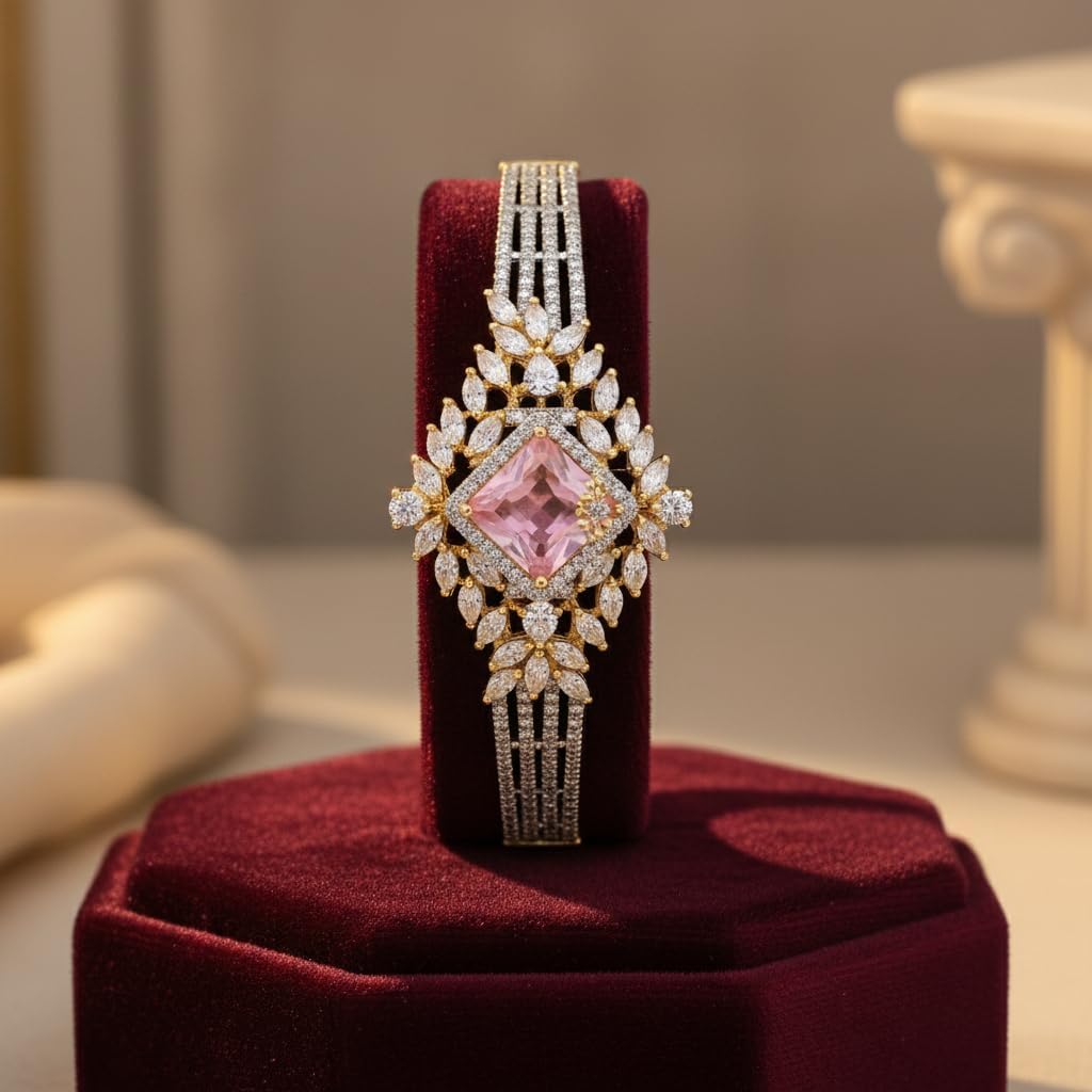 1416-Pretty Precious American Diamond Openable Kada Bracelet for Women, Gold & Silver Plating, Cubic Zirconia, One Size, Party & Wedding-Pink