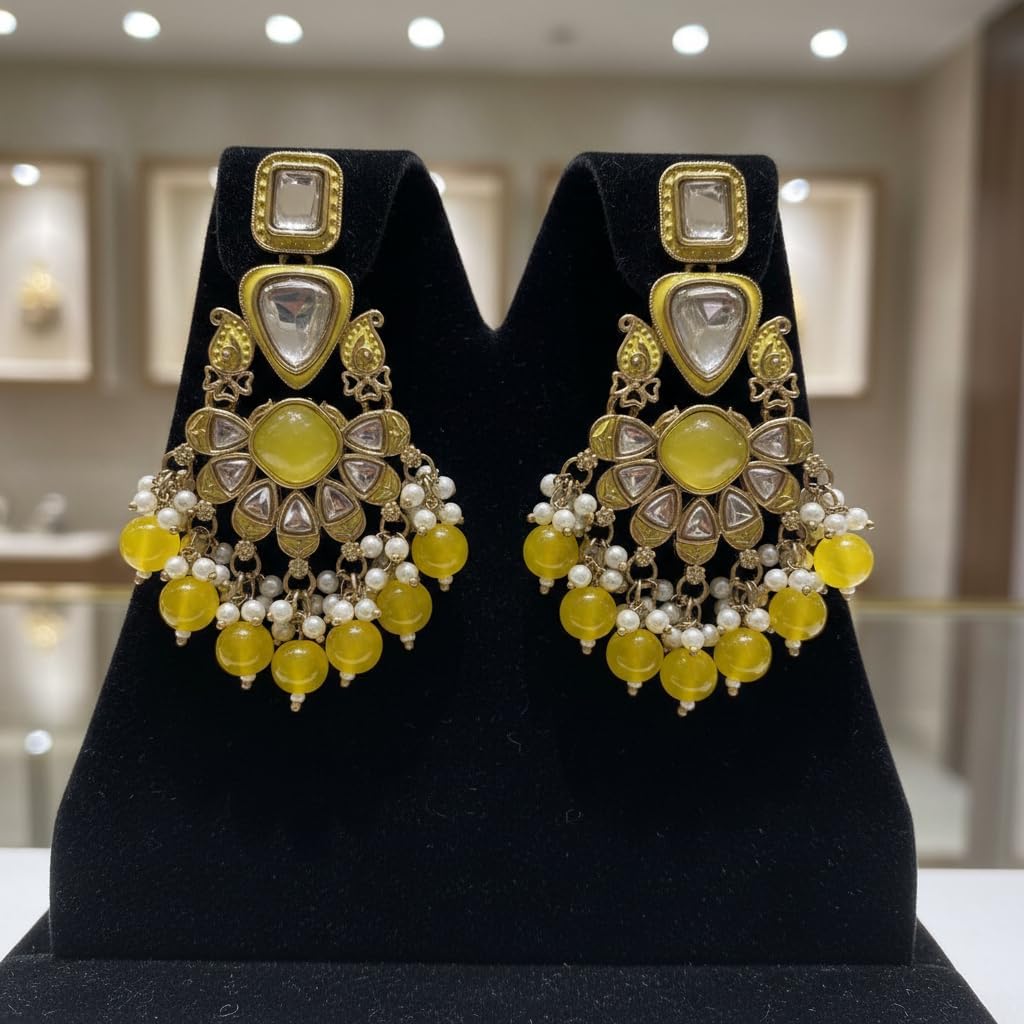112519-Pretty Precious Traditional Kundan Earring Stylish Party Wear Earrings for Women and Girls-Mehndi Plating-Yellow