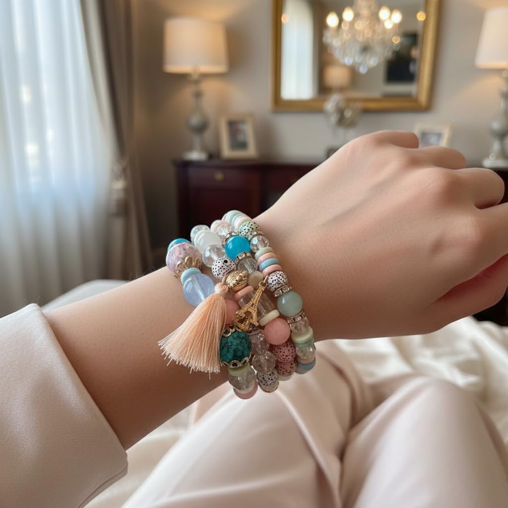 BC26155-Pretty Precious Boho Stackable Beaded Bracelet Set – Elastic Bracelets for Women – Coastal Inspired – Adjustable Handmade Beaded Bracelet (4-Piece Set)-Assorted Colour (Multicolour)