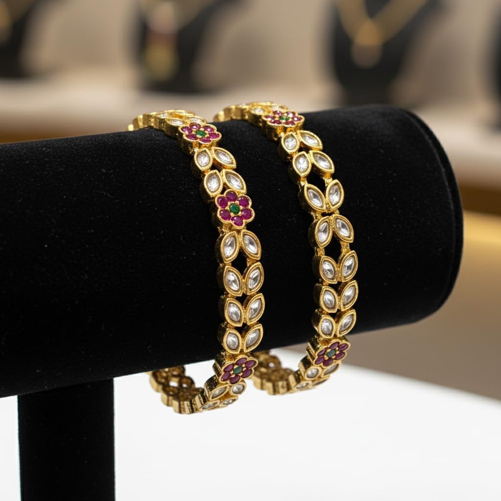 1486-Pretty Precious Gold Plated Cubic Zirconia/American Diamond Traditional Bangles/Bracelet Set of 2 for Women and Girls- Ruby Green (Size 2.4)