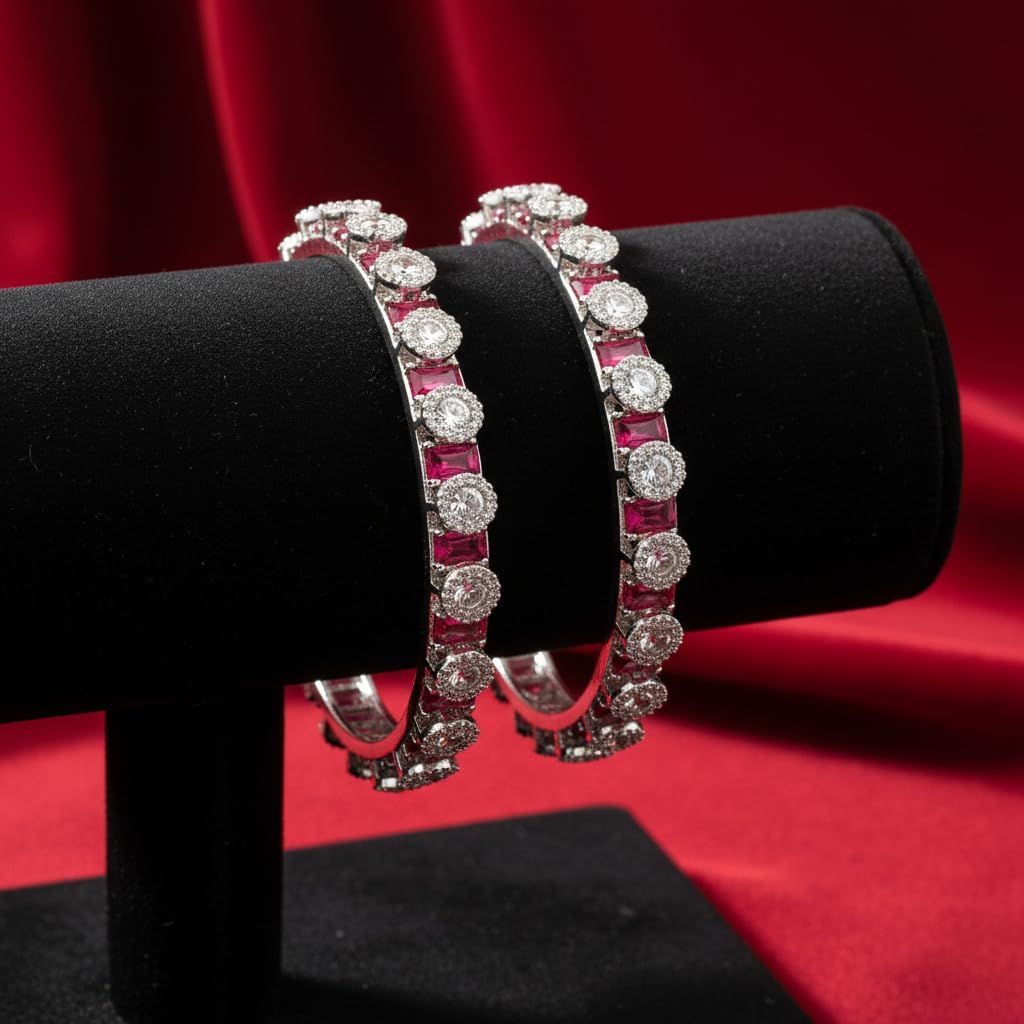 1466-Pretty Precious Rodhium-Plated Cubic Zirconia/American Diamond Traditional Bangles/Bracelet Set of 2 for Women and Girls -White (Size 2.6)
